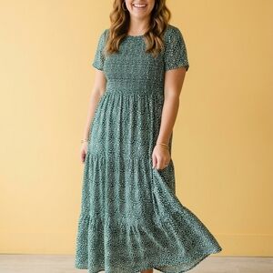Smocked Short Sleeve Green Floral Maxi Dress